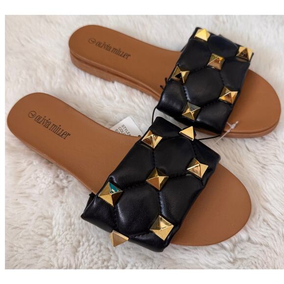 New Olivia Miller Women's Black/Gold Skylar Studded Slide Sandals Size 7 - Picture 4 of 9